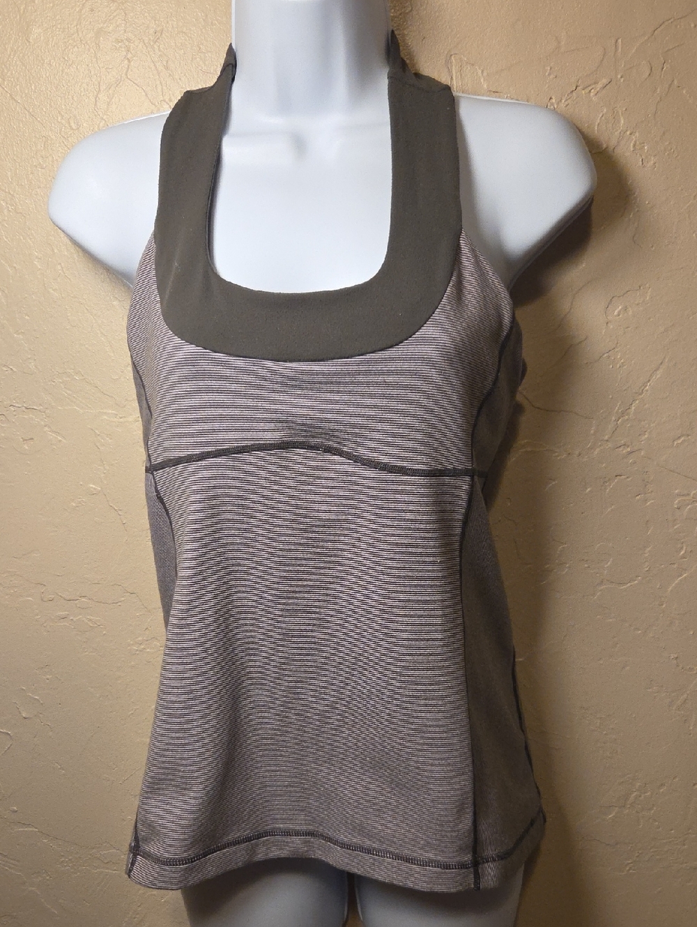 Lululemon Size 8 Gray Striped Racerback Tank Built In Bra Mesh Back Athletic Top